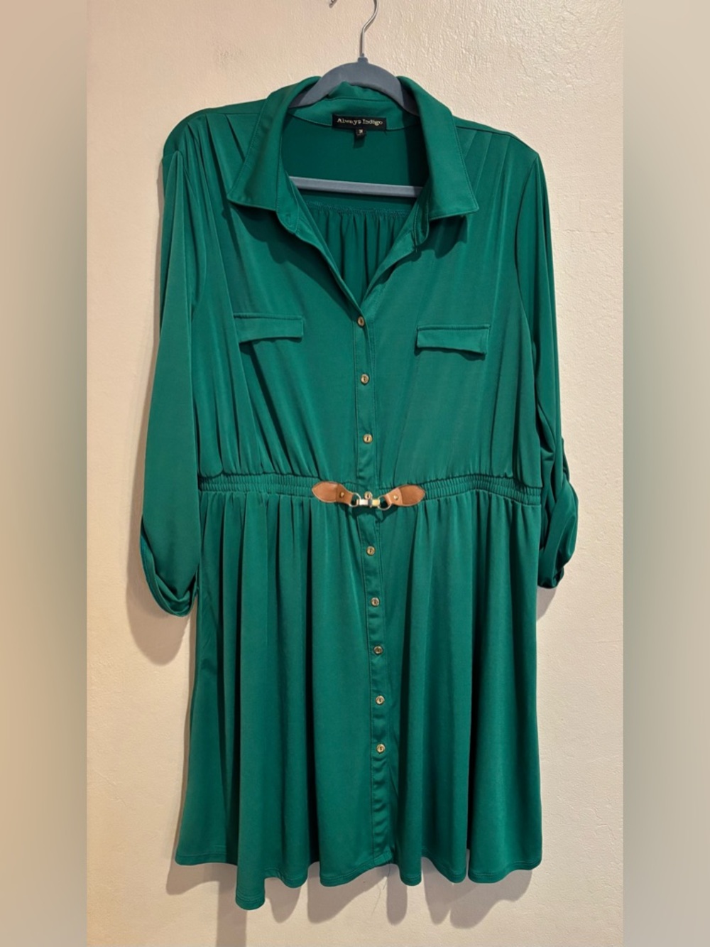 Shamrock Green 3/4 Sleeve Midi Dress with Faux Belt and Cinched Waist, size 1X - Picture 2 of 7